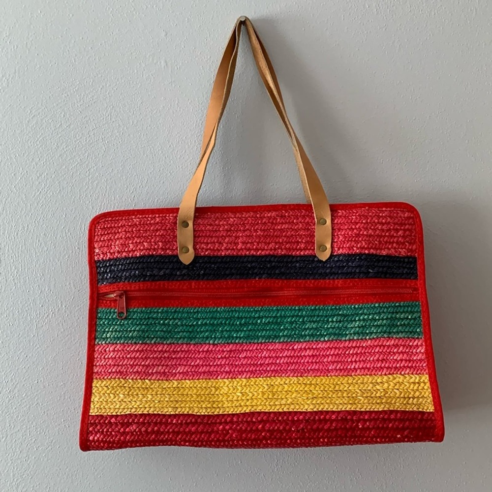 Vintage Straw Beach Shoulder Bag Tote Multicolor Soft Leather Straps